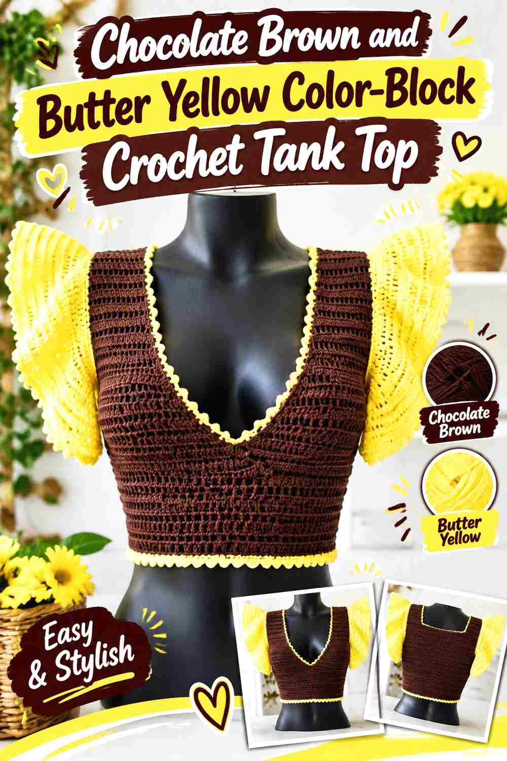 10. Chocolate Brown And Butter Yellow Color Block Crochet Tank Top