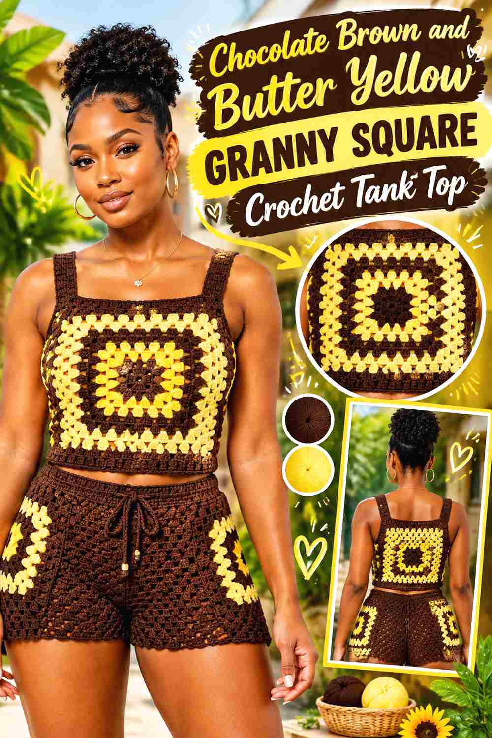 4. Chocolate Brown And Butter Yellow Granny Square Crochet Tank Top