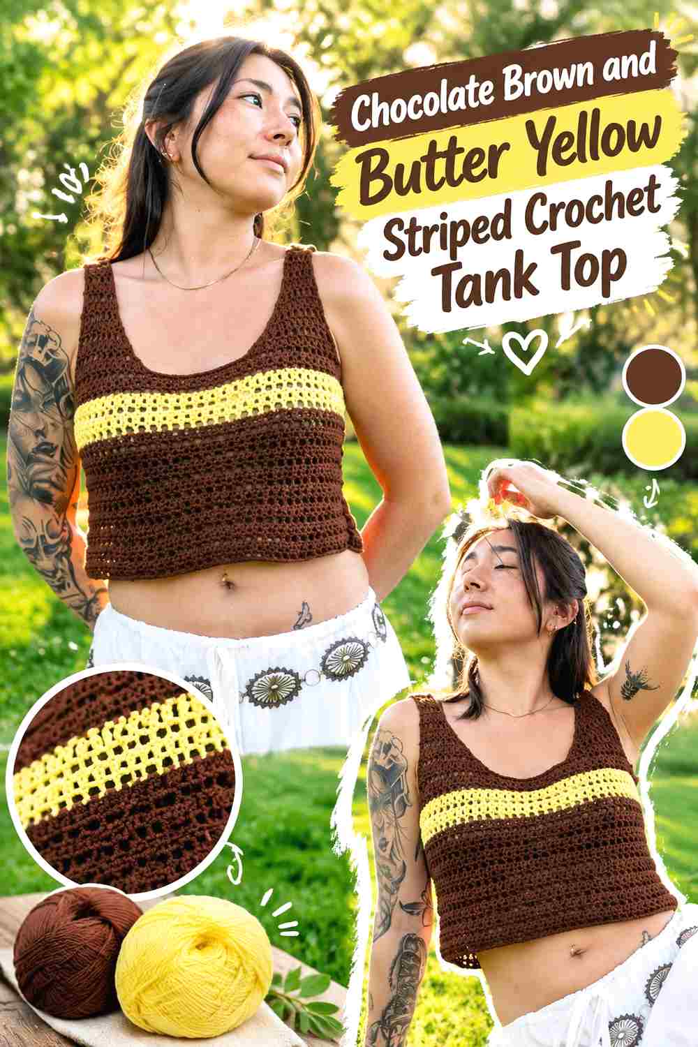 3. Chocolate Brown And Butter Yellow Striped Crochet Tank Top