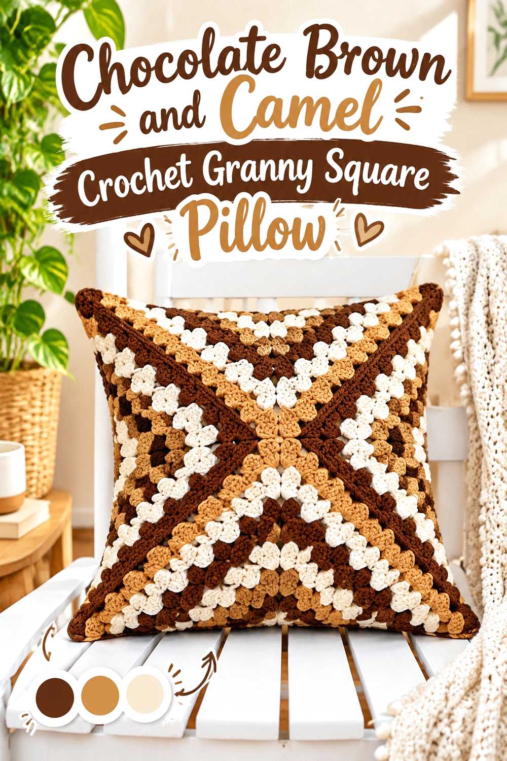 11. Chocolate Brown And Camel Crochet Granny Square Pillow