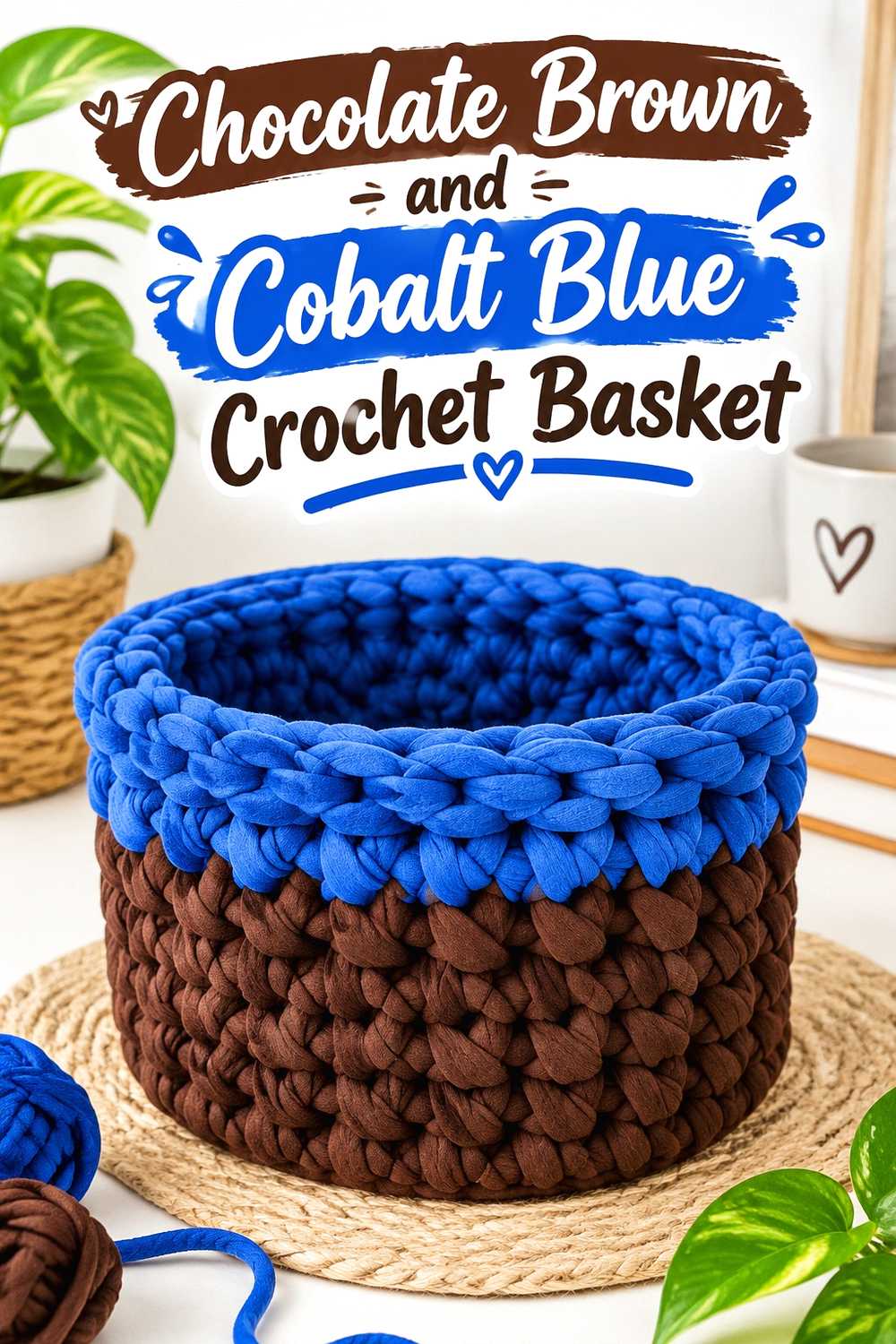8. Chocolate Brown And Cobalt Blue Crochet Basket