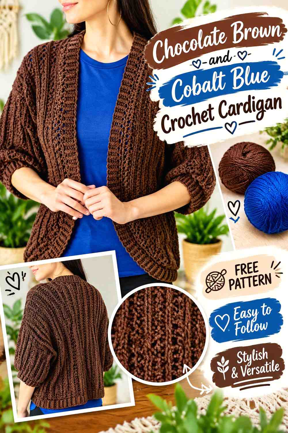 2. Chocolate Brown And Cobalt Blue Crochet Cardigan