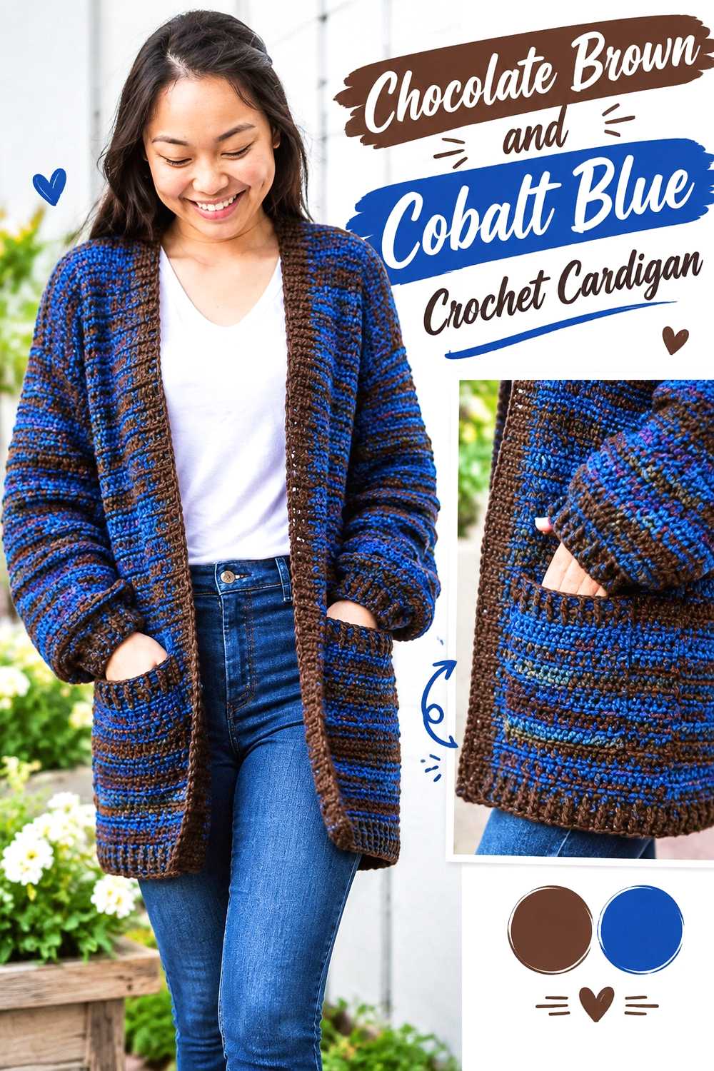 2. Chocolate Brown And Cobalt Blue Crochet Cardigan