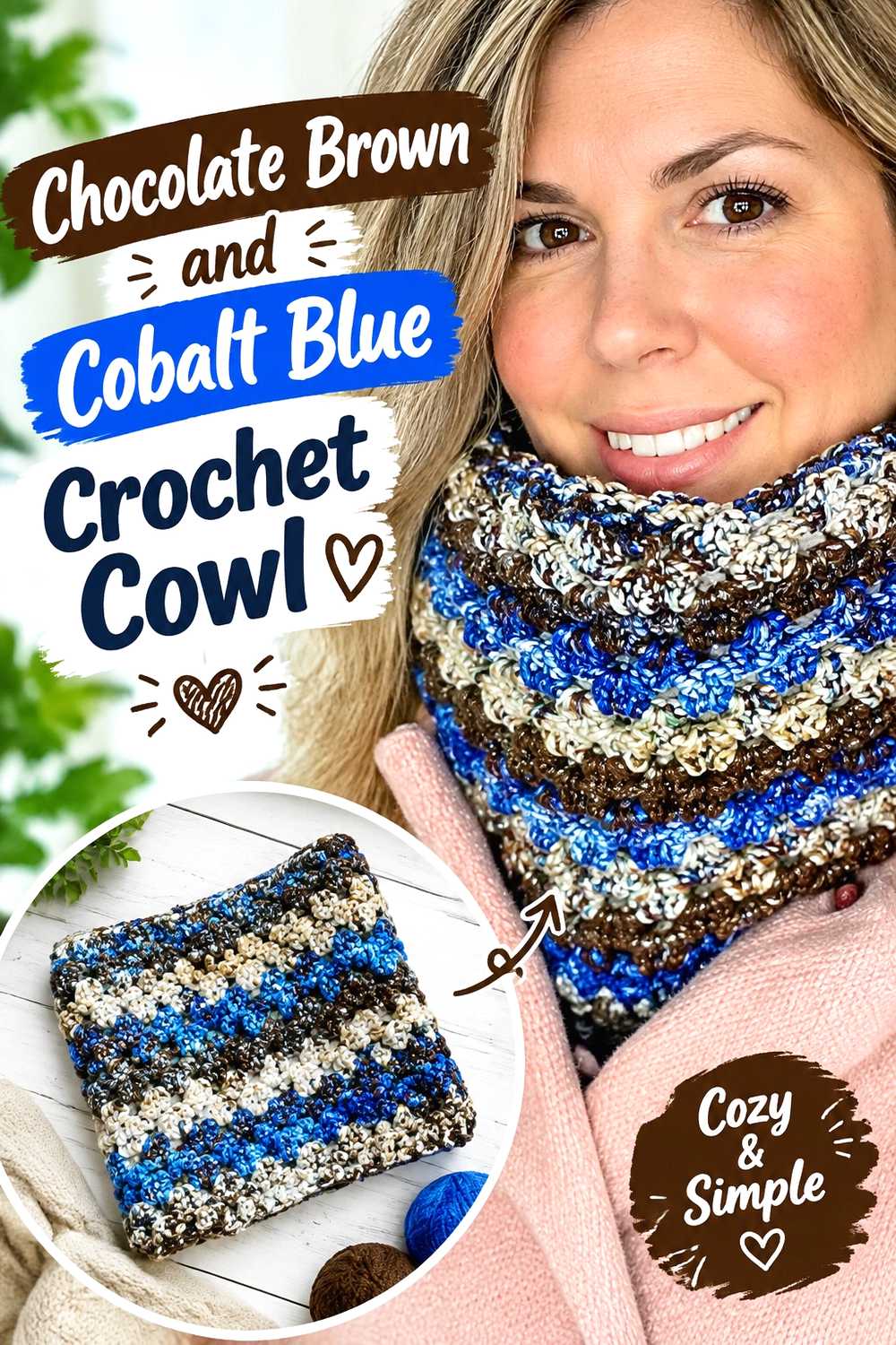 12. Chocolate Brown And Cobalt Blue Crochet Cowl