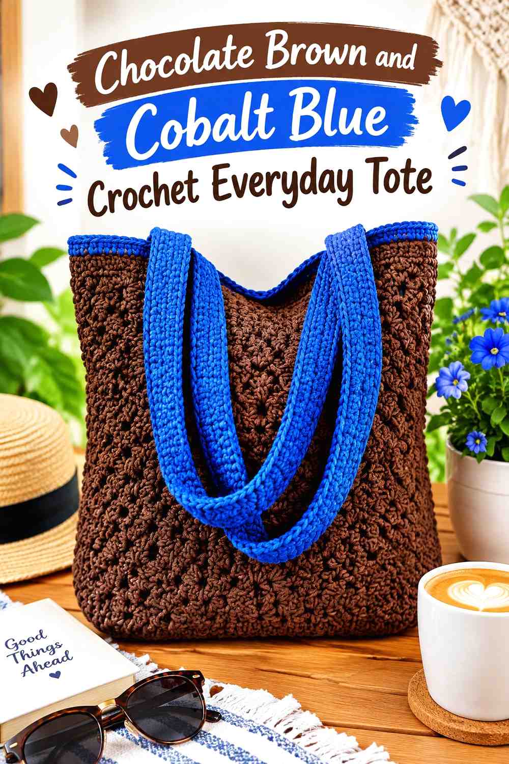 18. Chocolate Brown And Cobalt Blue Crochet Everyday Tote