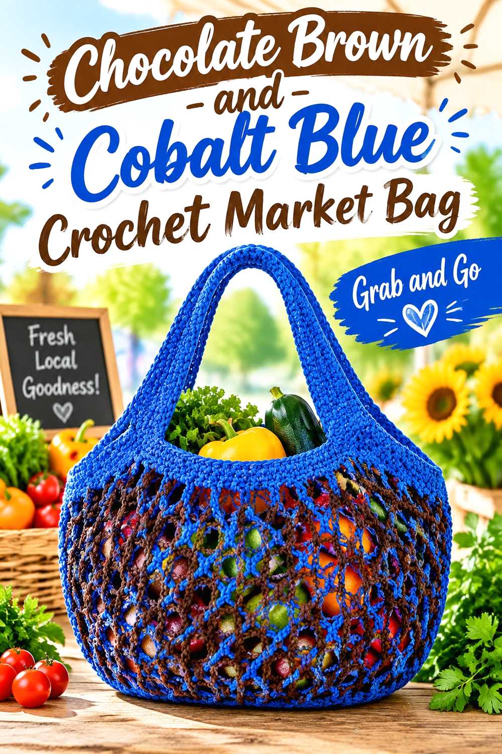 16. Chocolate Brown And Cobalt Blue Crochet Market Bag