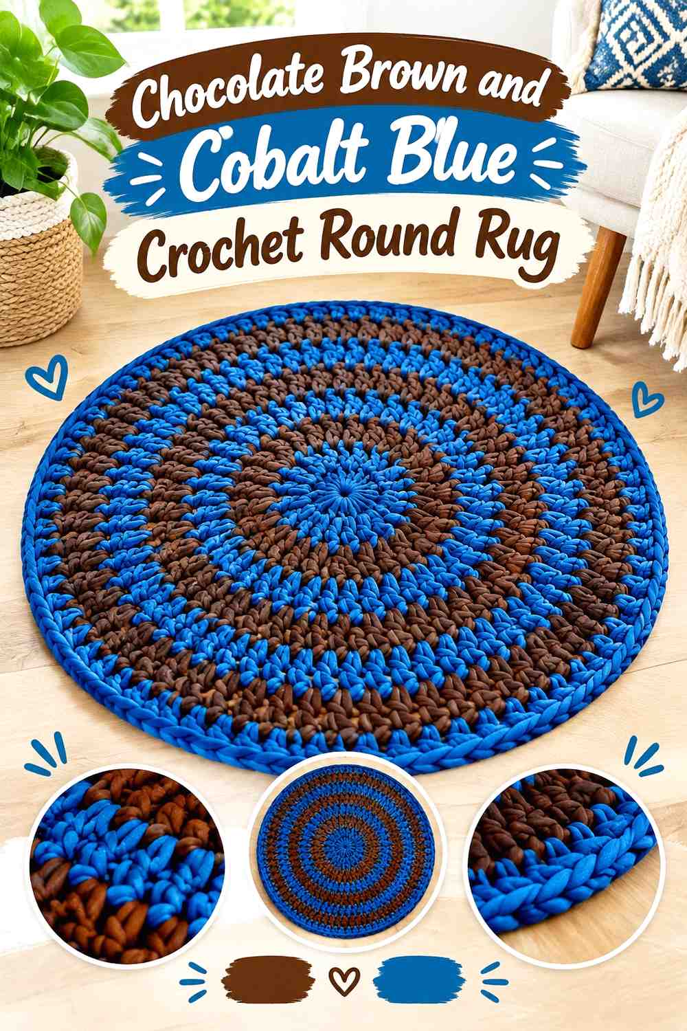 14. Chocolate Brown And Cobalt Blue Crochet Round Rug