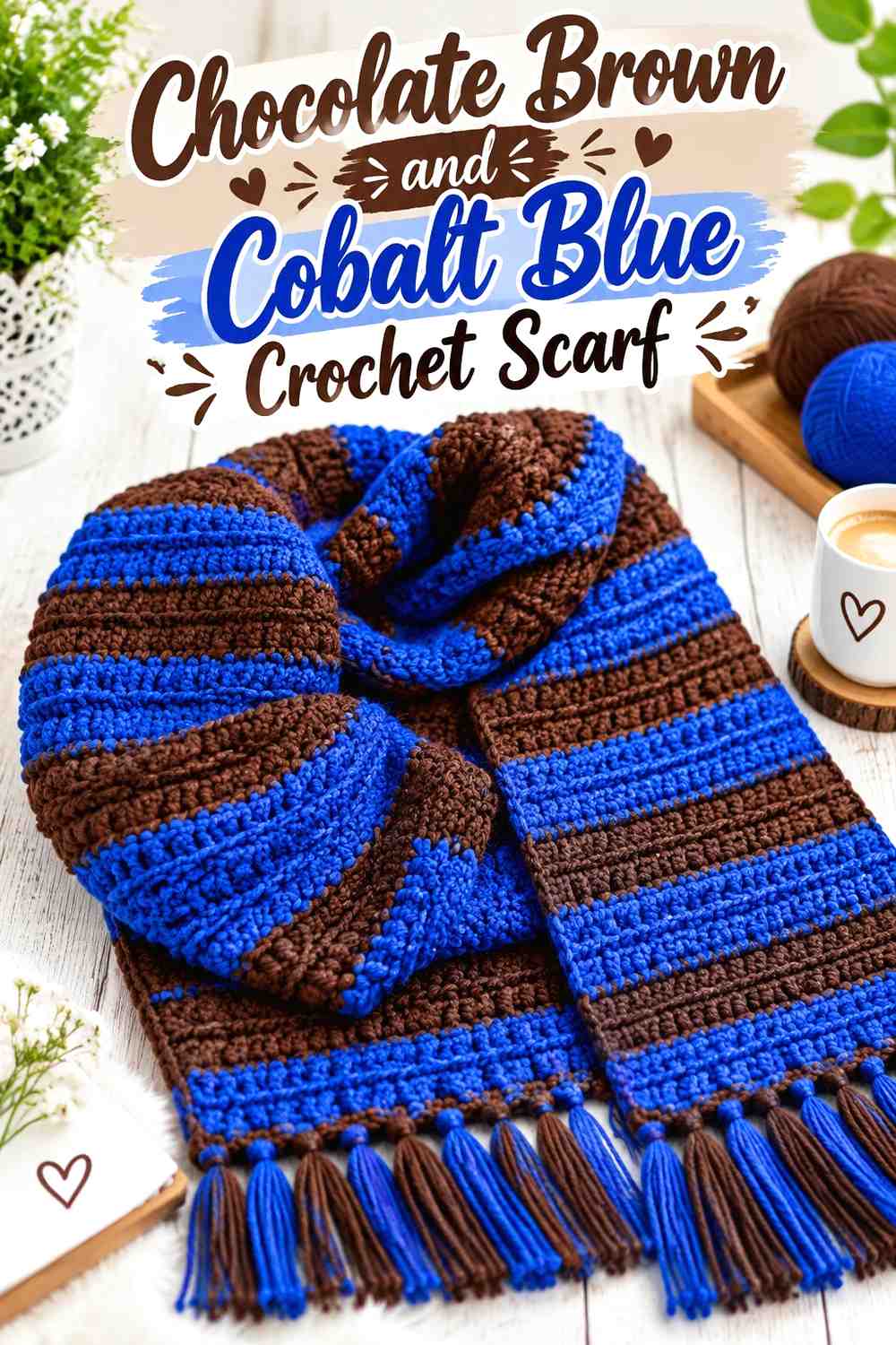4. Chocolate Brown And Cobalt Blue Crochet Scarf