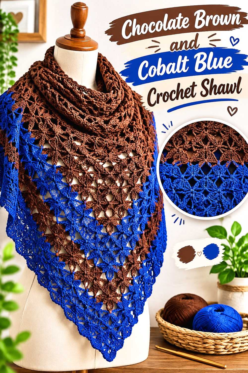 10. Chocolate Brown And Cobalt Blue Crochet Shawl