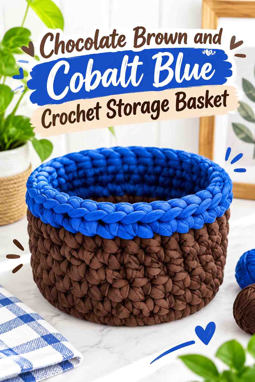 10. Chocolate Brown And Cobalt Blue Crochet Storage Basket