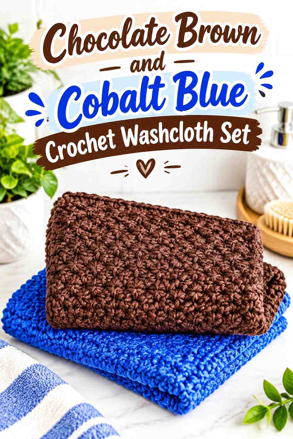 12. Chocolate Brown And Cobalt Blue Crochet Washcloth Set