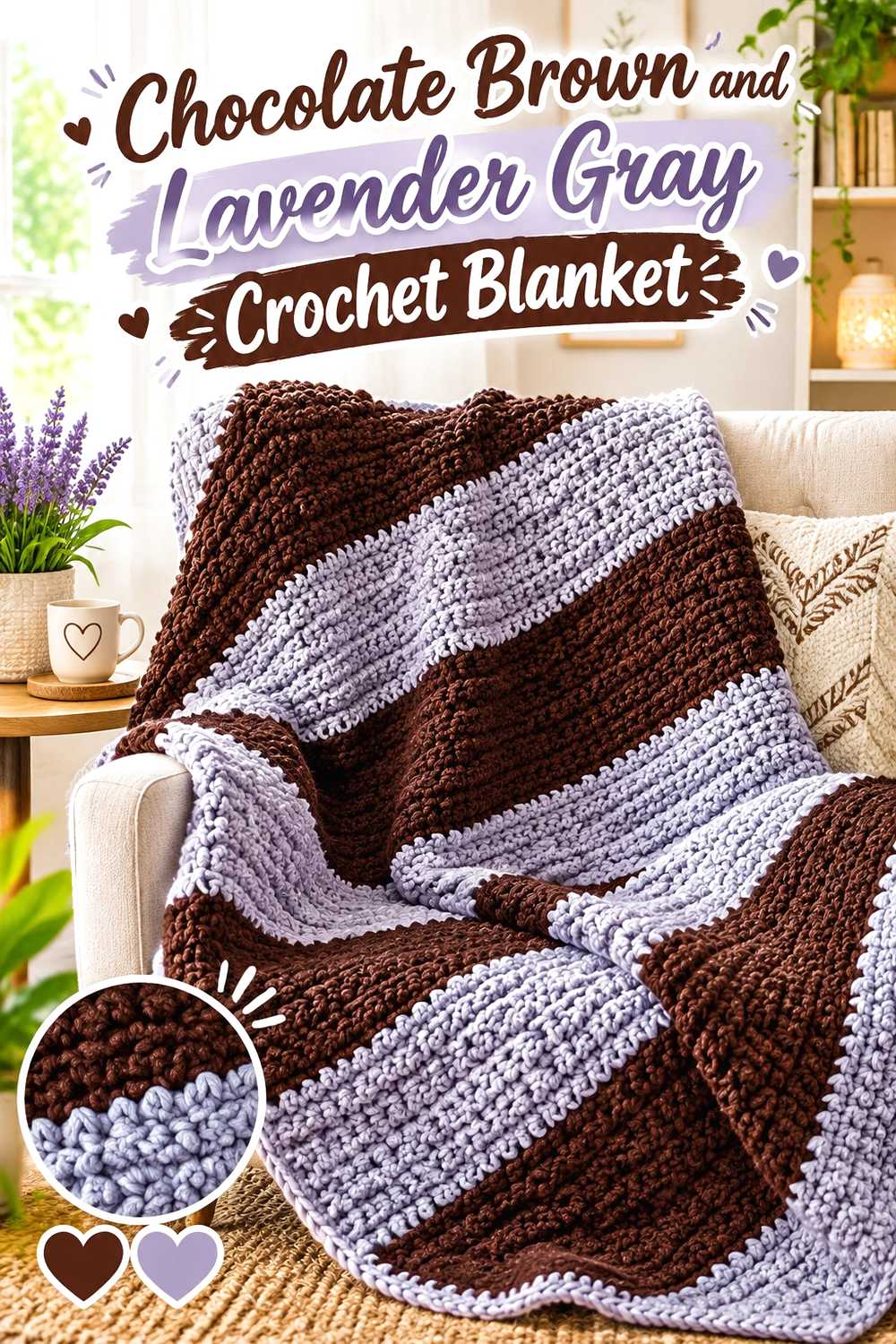 1. Chocolate Brown And Lavender Gray Crochet Blanket
