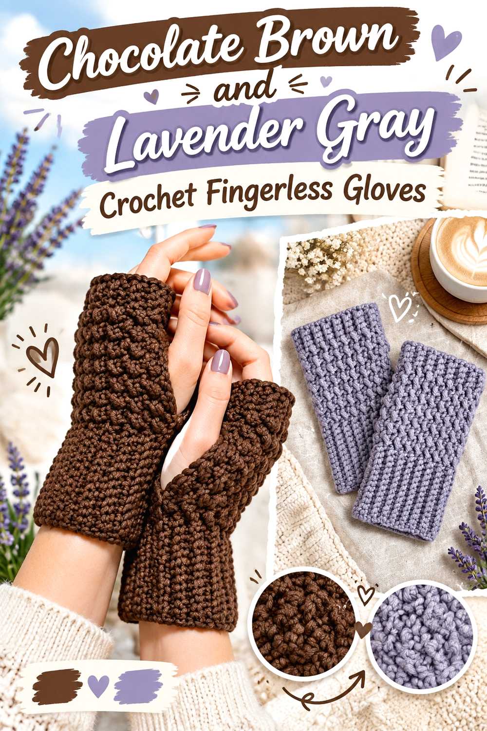 13. Chocolate Brown And Lavender Gray Crochet Fingerless Gloves