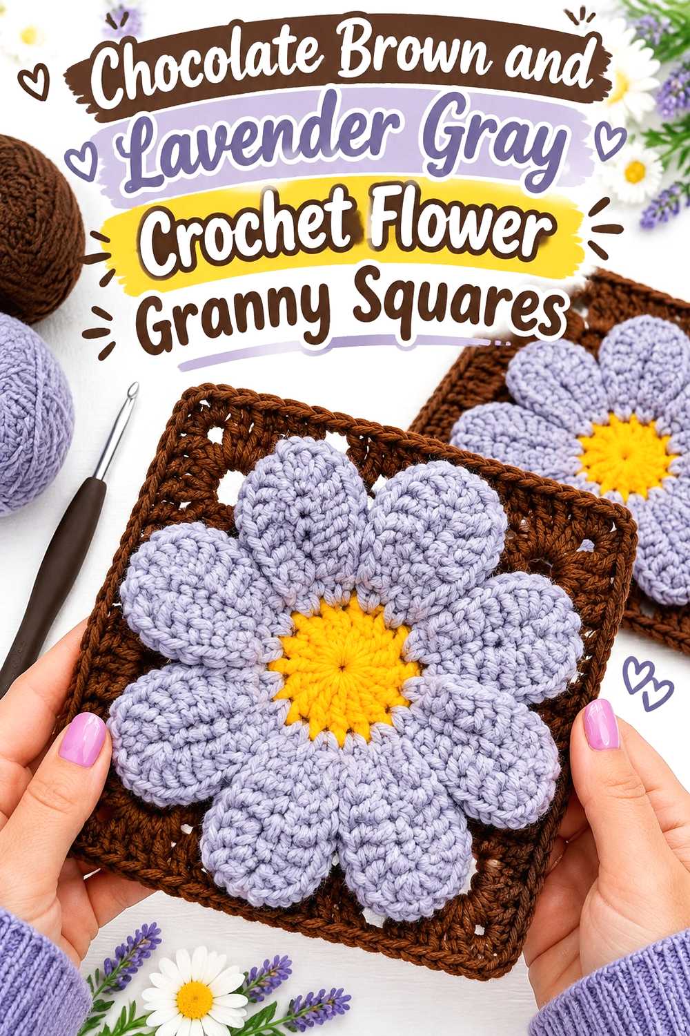 9. Chocolate Brown And Lavender Gray Crochet Flower Granny Squares