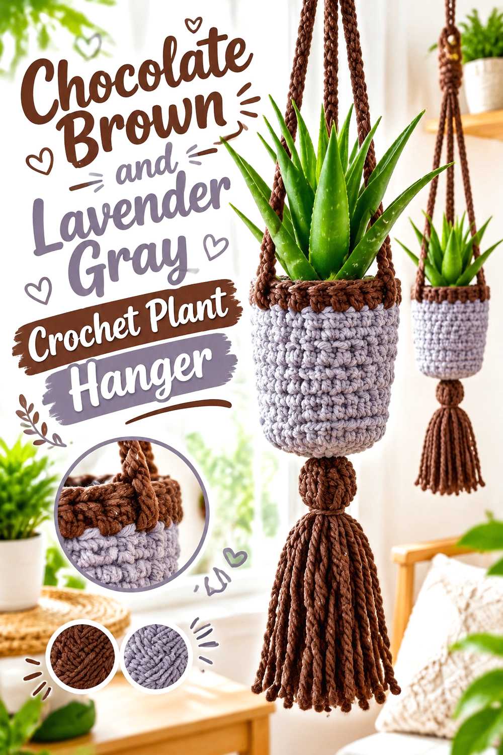 11. Chocolate Brown And Lavender Gray Crochet Plant Hanger