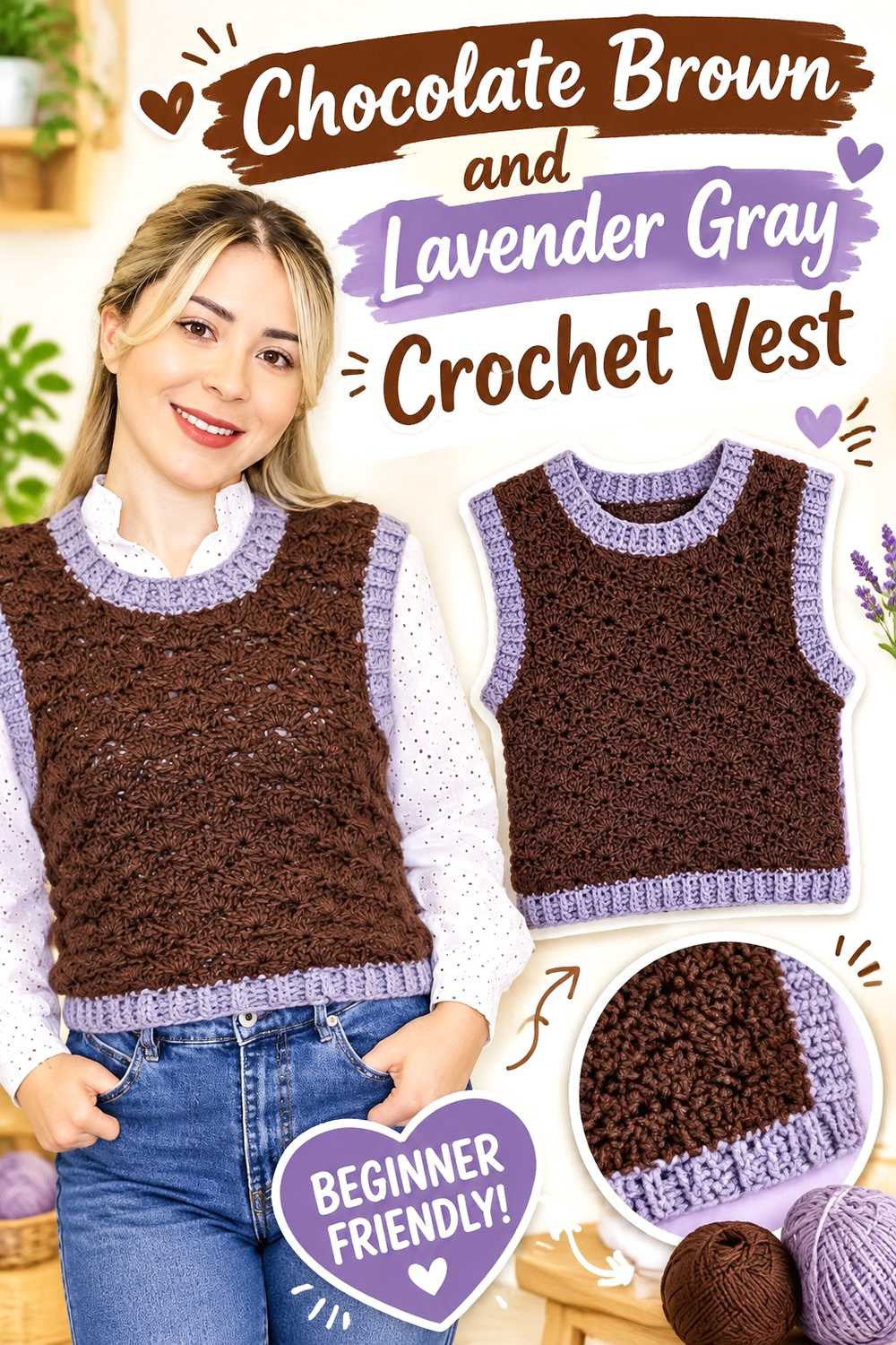 3. Chocolate Brown And Lavender Gray Crochet Vest