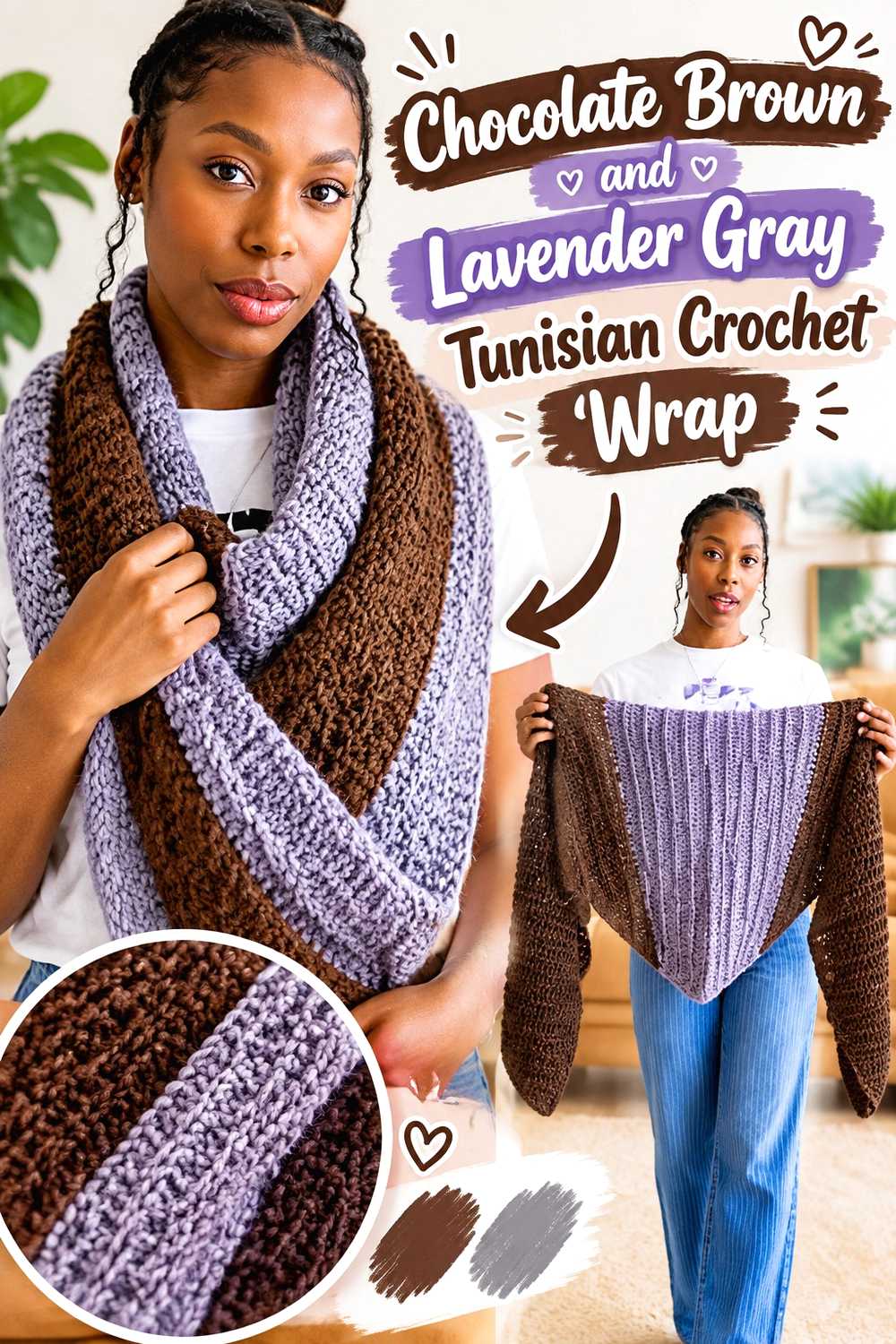 5. Chocolate Brown And Lavender Gray Tunisian Crochet Wrap