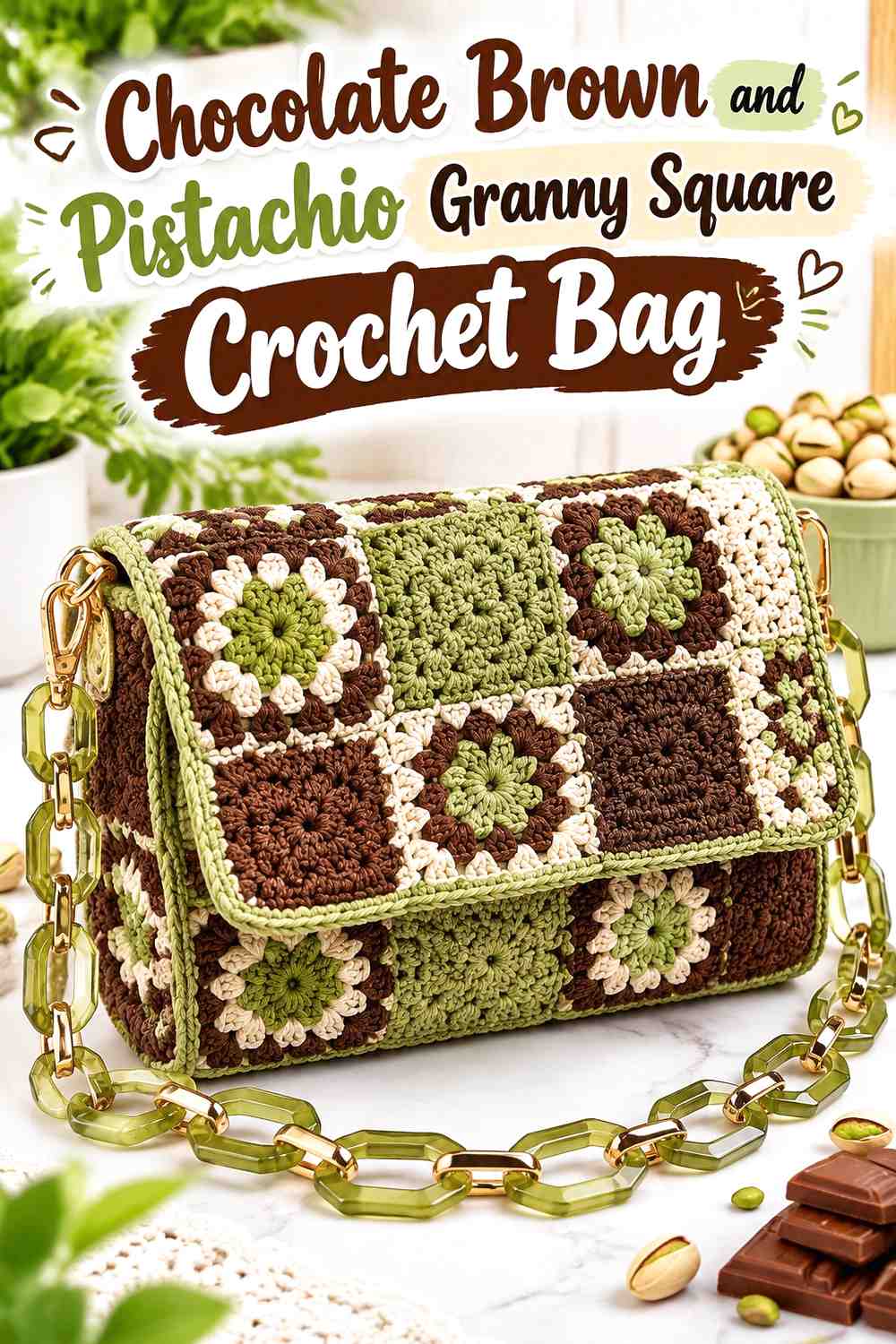 13. Chocolate Brown And Pistachio Granny Square Crochet Bag