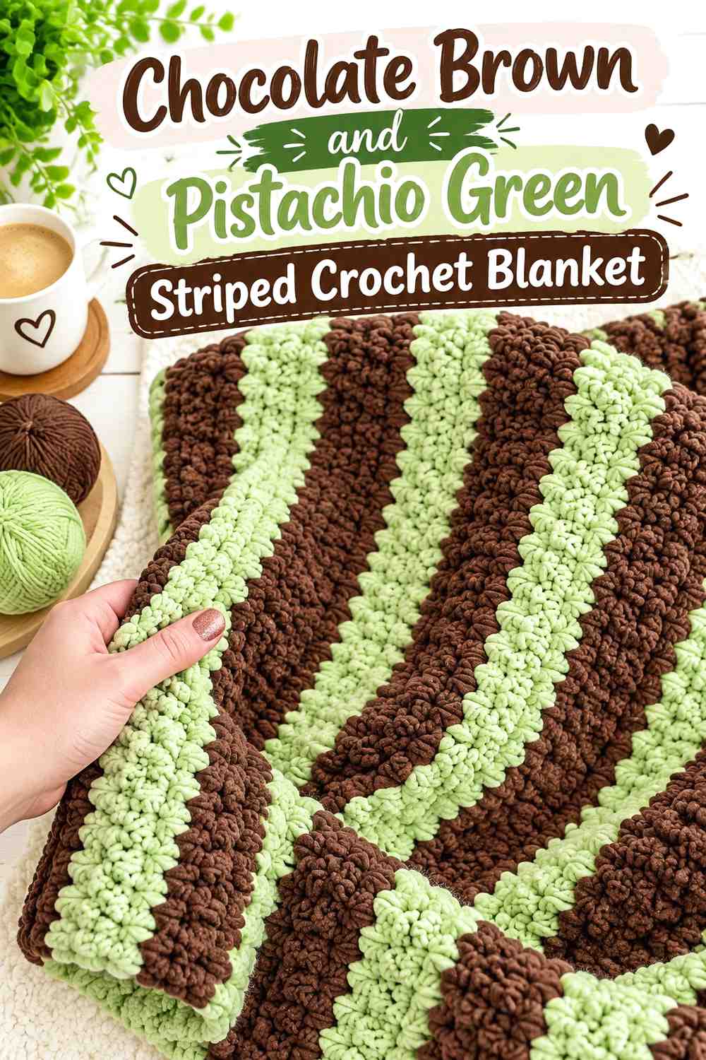 1. Chocolate Brown And Pistachio Striped Crochet Blanket
