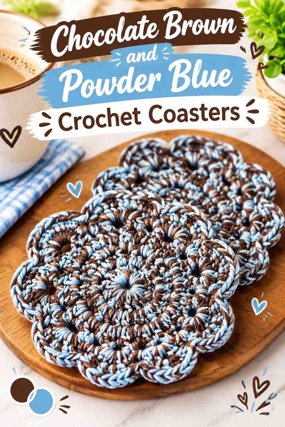 12. Chocolate Brown And Powder Blue Crochet Coasters