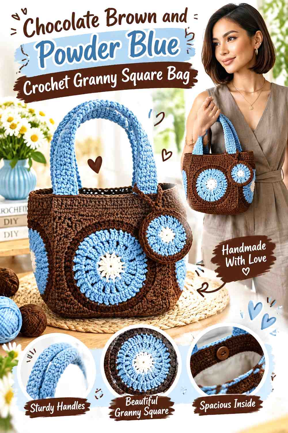 3. Chocolate Brown And Powder Blue Crochet Granny Square Bag