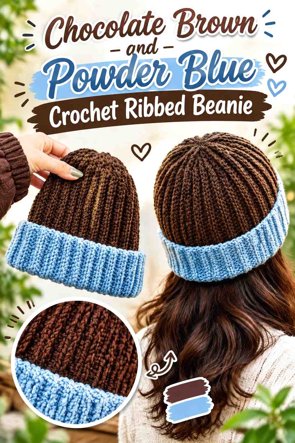 5. Chocolate Brown And Powder Blue Crochet Ribbed Beanie