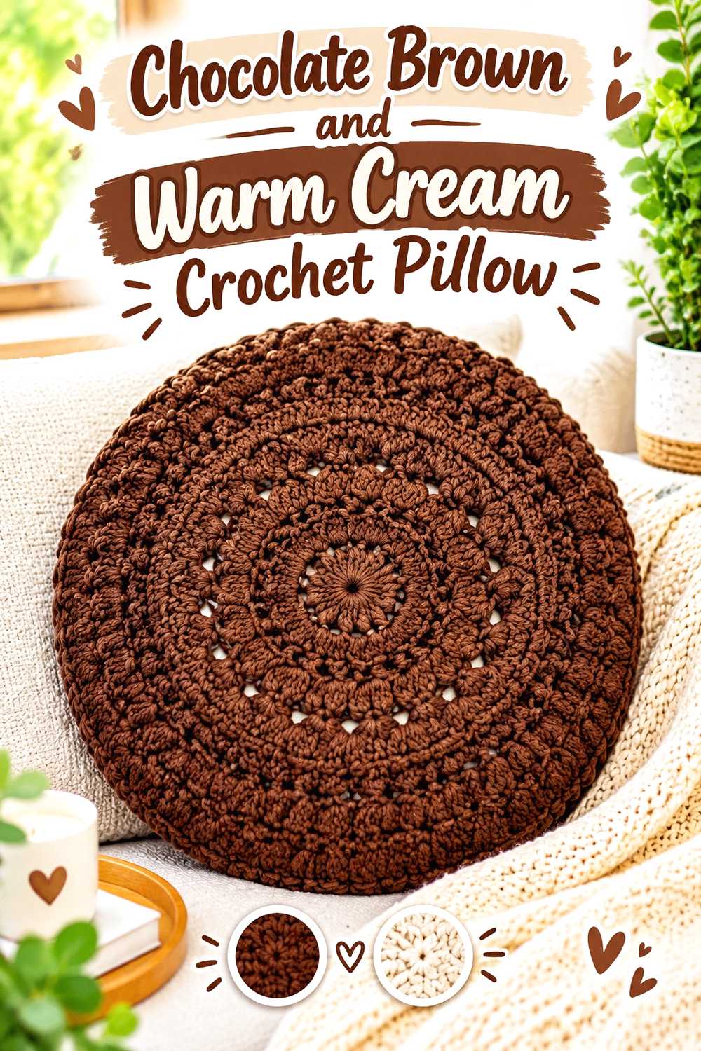 1. Chocolate Brown And Warm Cream Crochet Pillow