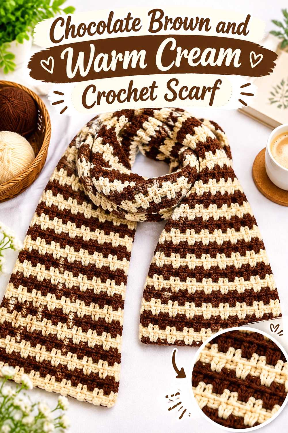 7. Chocolate Brown And Warm Cream Crochet Scarf