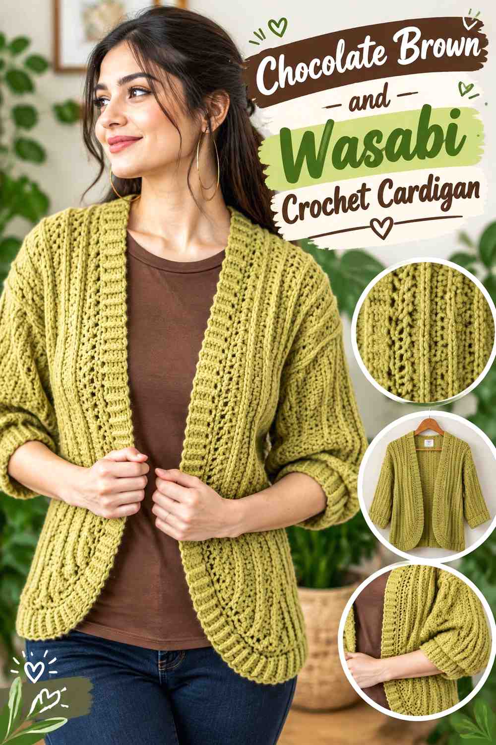 2. Chocolate Brown And Wasabi Crochet Cardigan