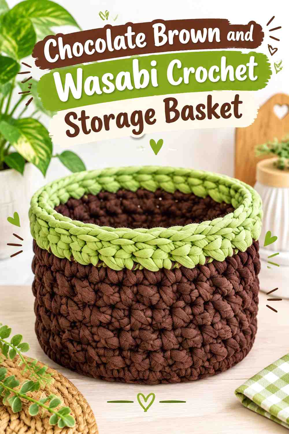 12. Chocolate Brown And Wasabi Crochet Storage Basket