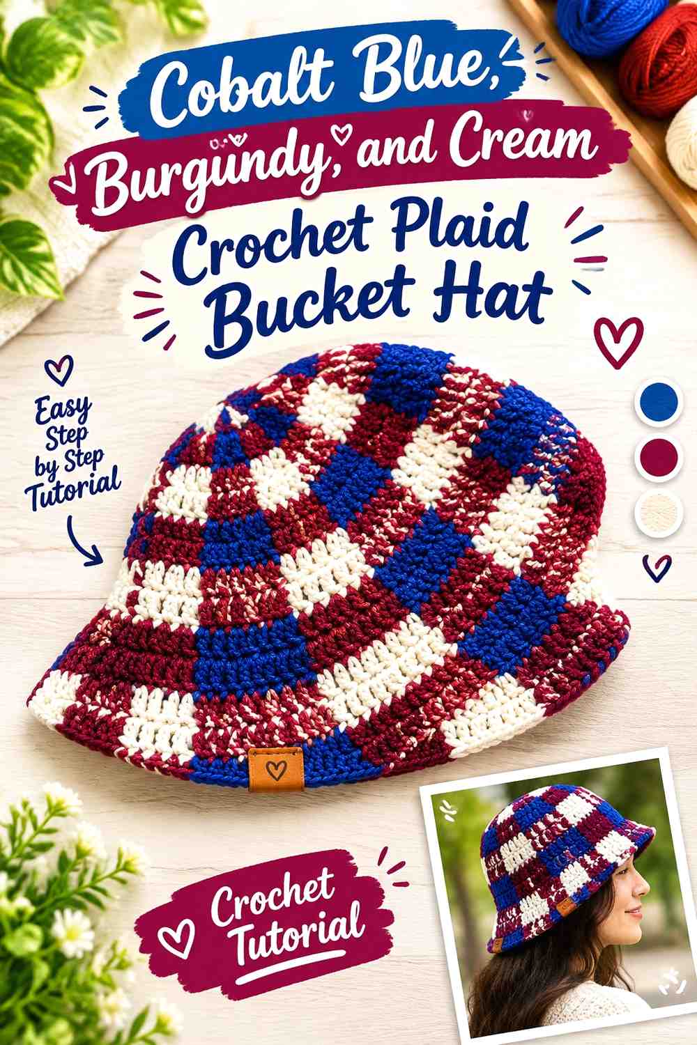 8. Cobalt Blue Burgundy And Cream Crochet Plaid Bucket Hat