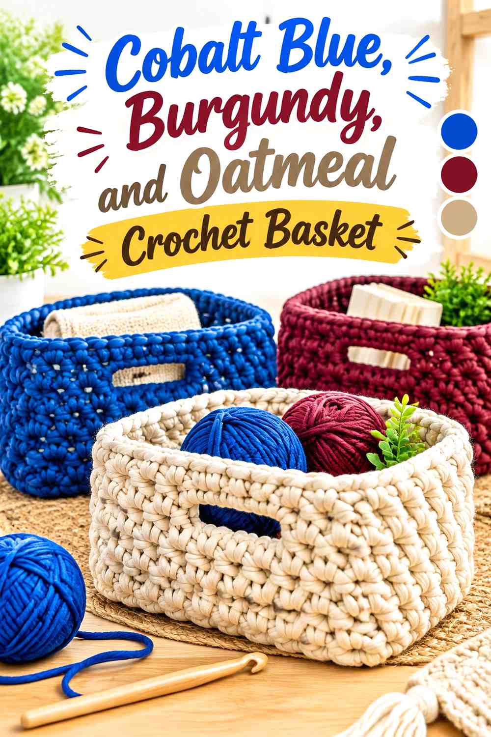 11. Cobalt Blue Burgundy And Oatmeal Crochet Basket