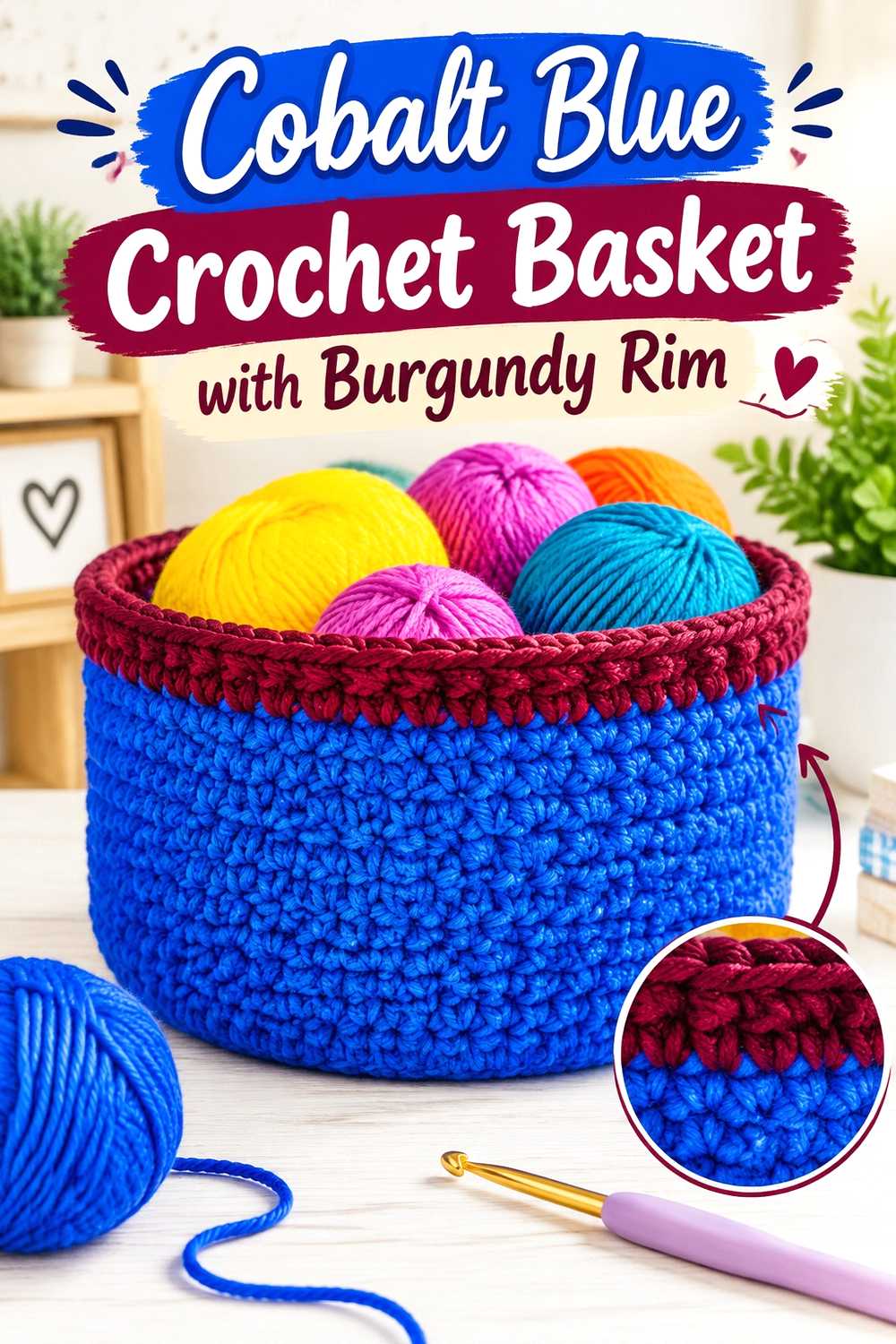 3. Cobalt Blue Crochet Basket With Burgundy Rim