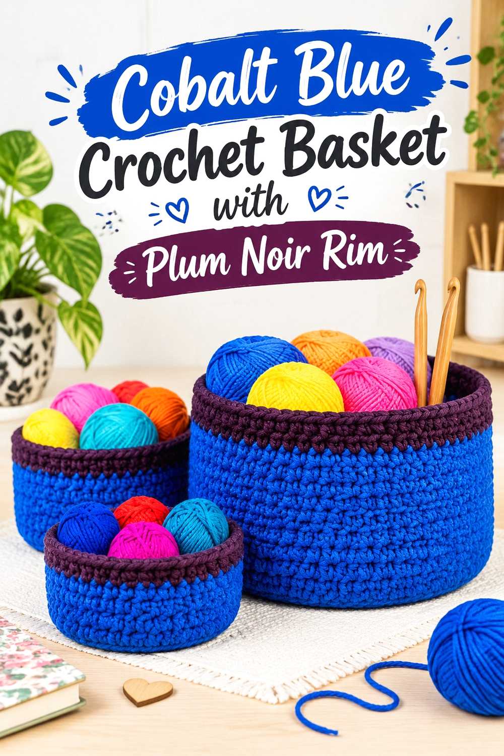 3. Cobalt Blue Crochet Basket With Plum Noir Rim