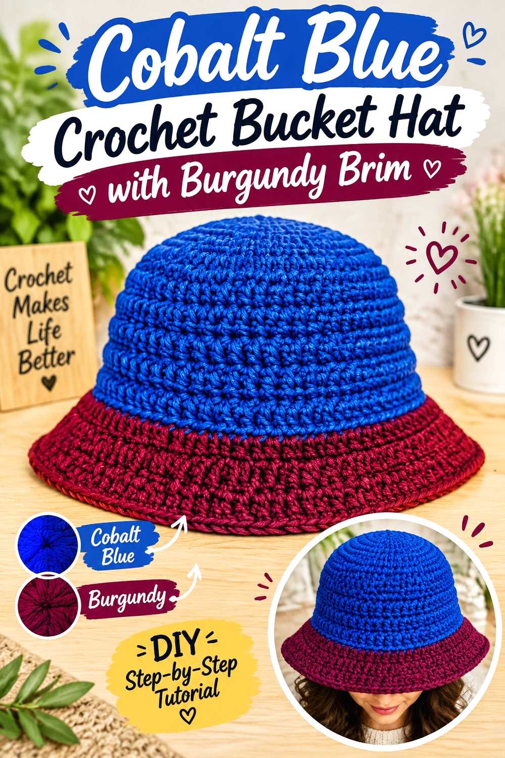 9. Cobalt Blue Crochet Bucket Hat With Burgundy Brim