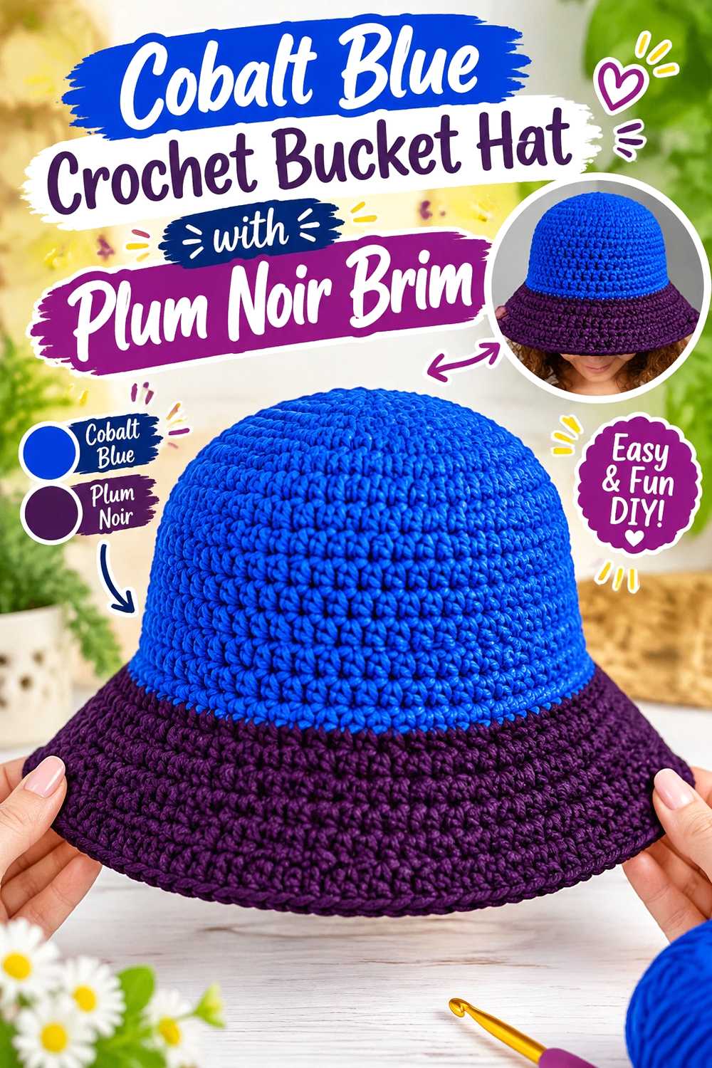 9. Cobalt Blue Crochet Bucket Hat With Plum Noir Brim