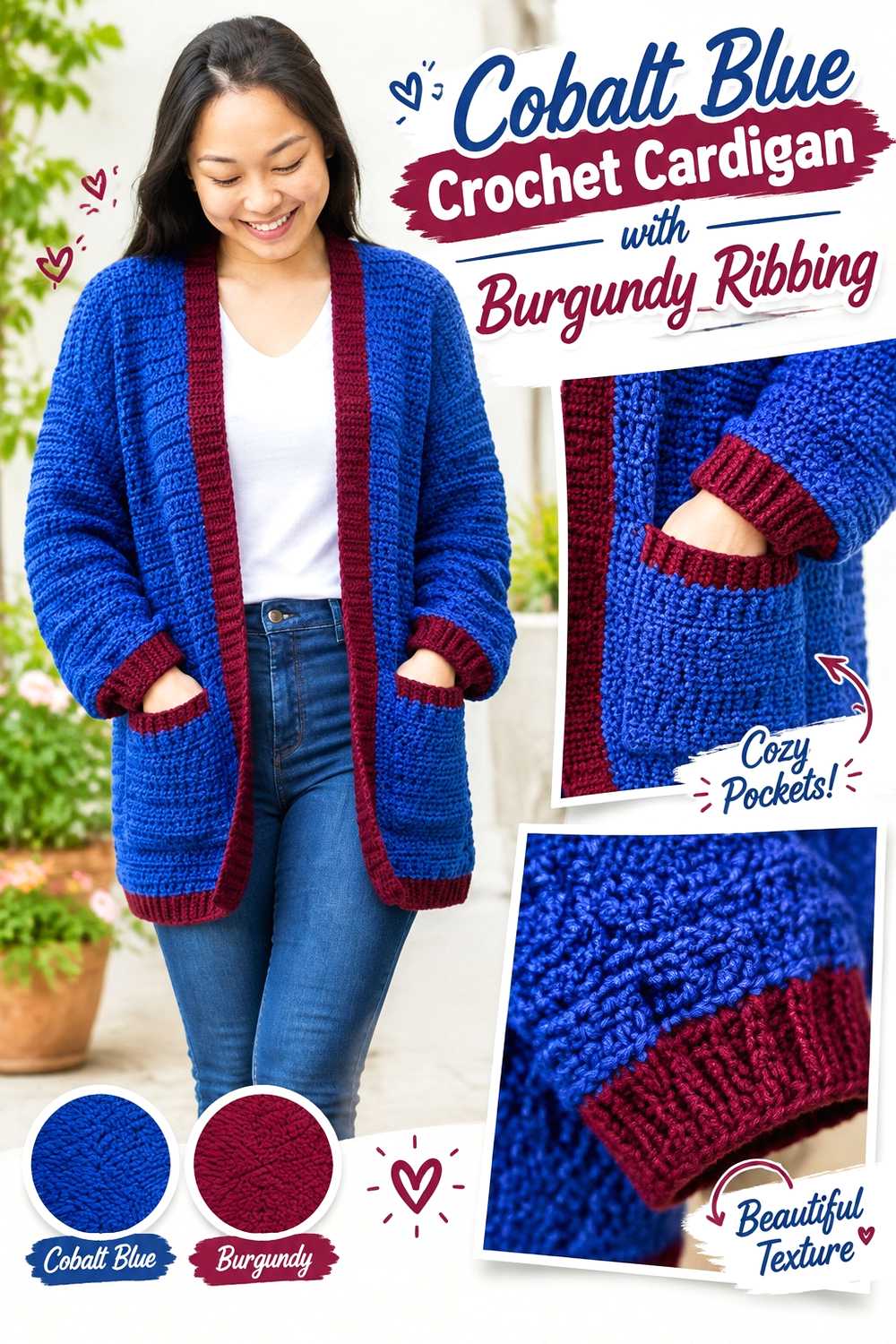 1. Cobalt Blue Crochet Cardigan With Burgundy Ribbing