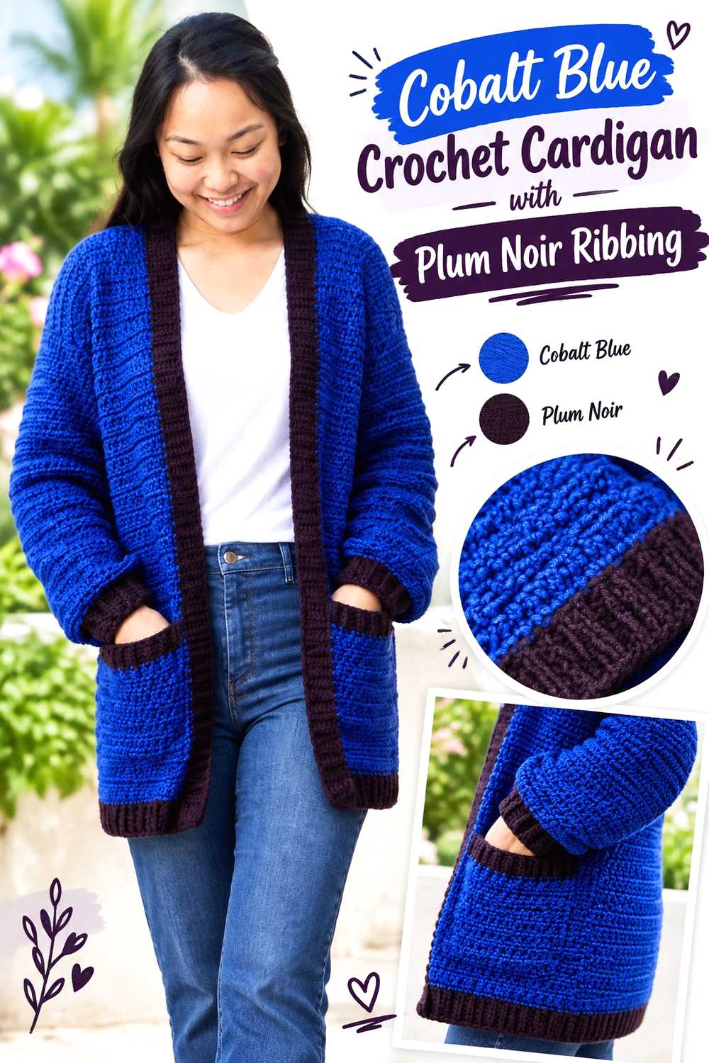 1. Cobalt Blue Crochet Cardigan With Plum Noir Ribbing