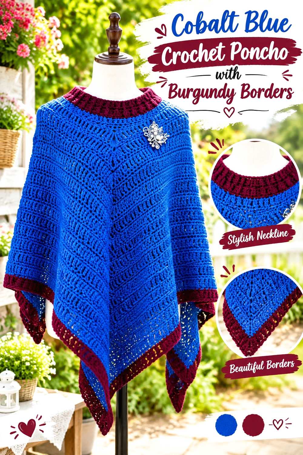 7. Cobalt Blue Crochet Poncho With Burgundy Borders