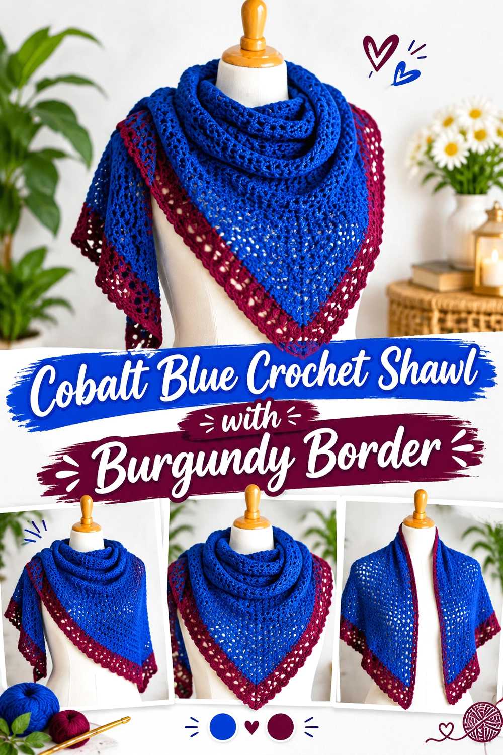 5. Cobalt Blue Crochet Shawl With Burgundy Border