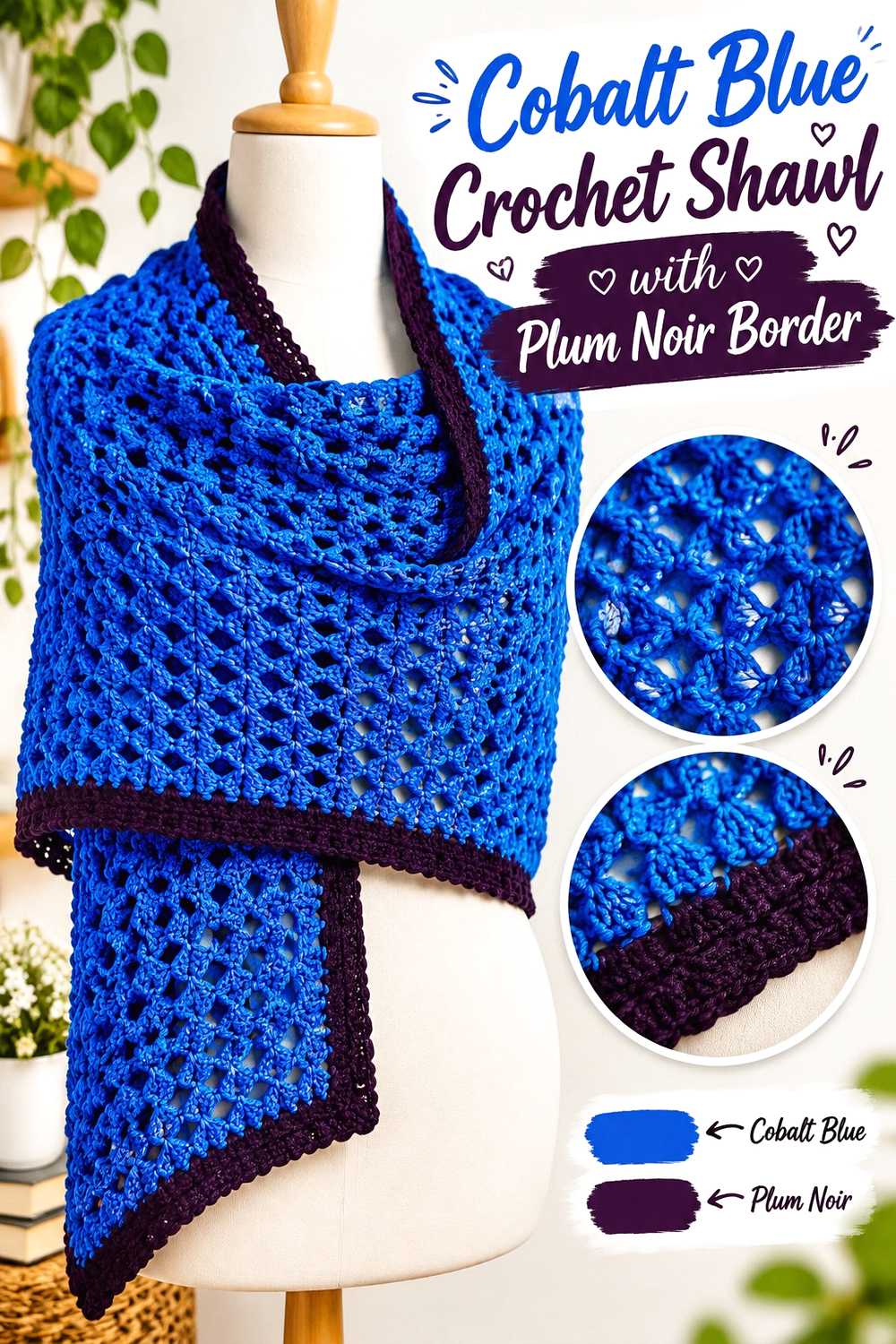 5. Cobalt Blue Crochet Shawl With Plum Noir Border