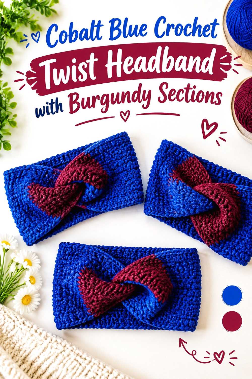 13. Cobalt Blue Crochet Twist Headband With Burgundy Sections