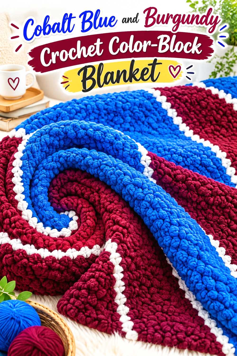 15. Cobalt Blue And Burgundy Crochet Color Block Blanket
