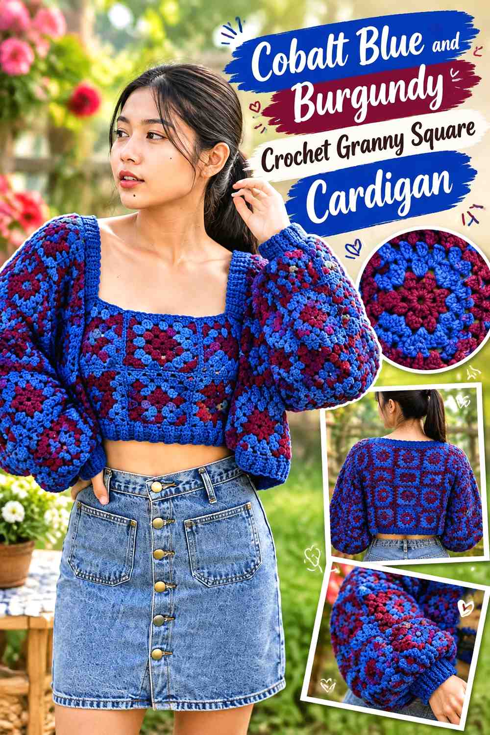 2. Cobalt Blue And Burgundy Crochet Granny Square Cardigan