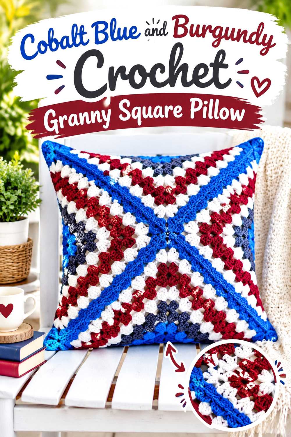 11. Cobalt Blue And Burgundy Crochet Granny Square Pillow