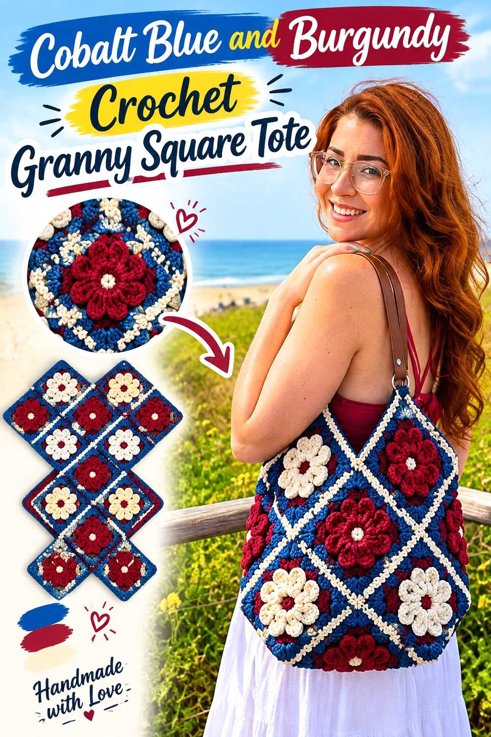 17. Cobalt Blue And Burgundy Crochet Granny Square Tote
