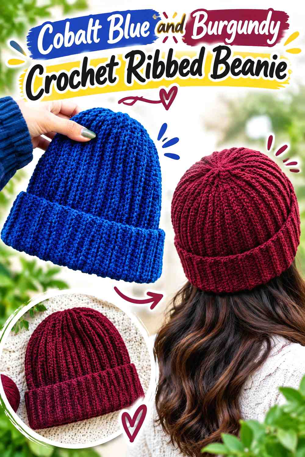 5. Cobalt Blue And Burgundy Crochet Ribbed Beanie