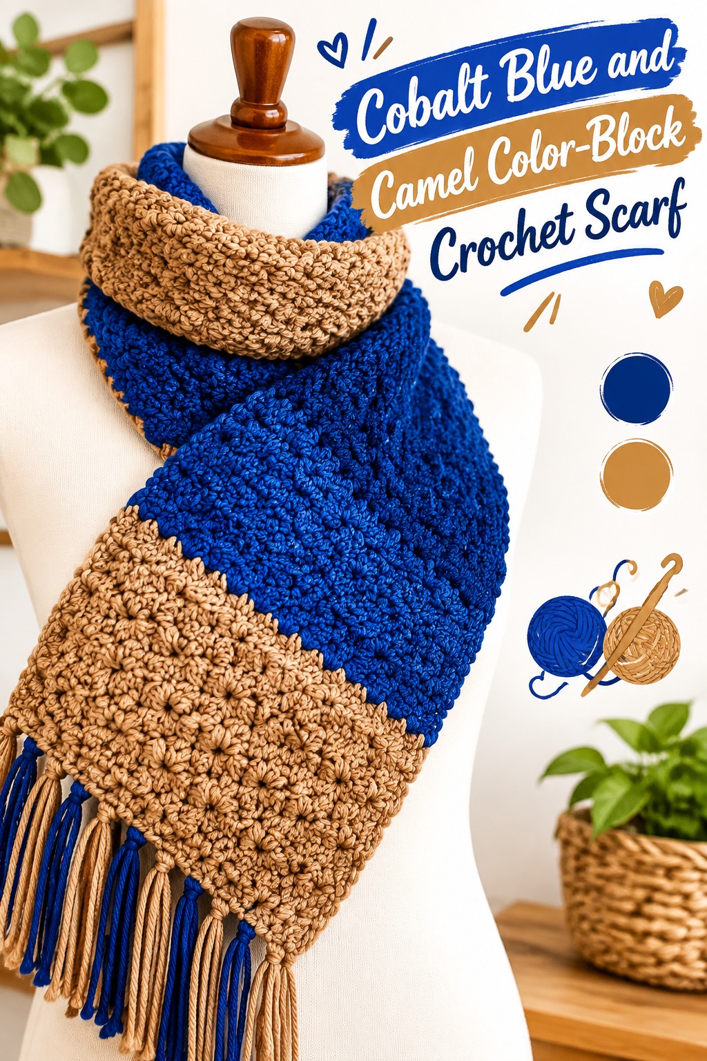 5. Cobalt Blue And Camel Color Block Crochet Scarf