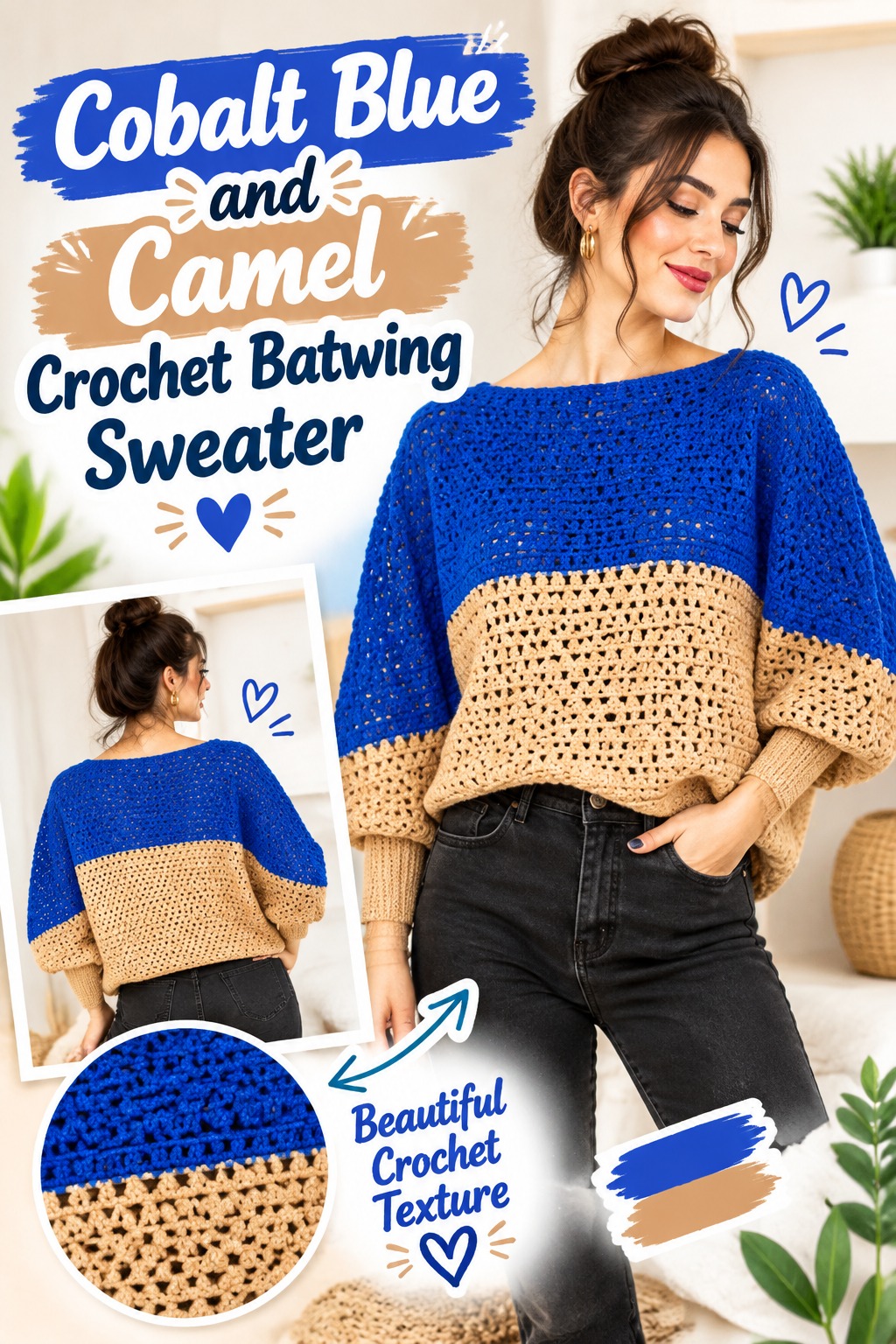 11. Cobalt Blue And Camel Crochet Batwing Sweater