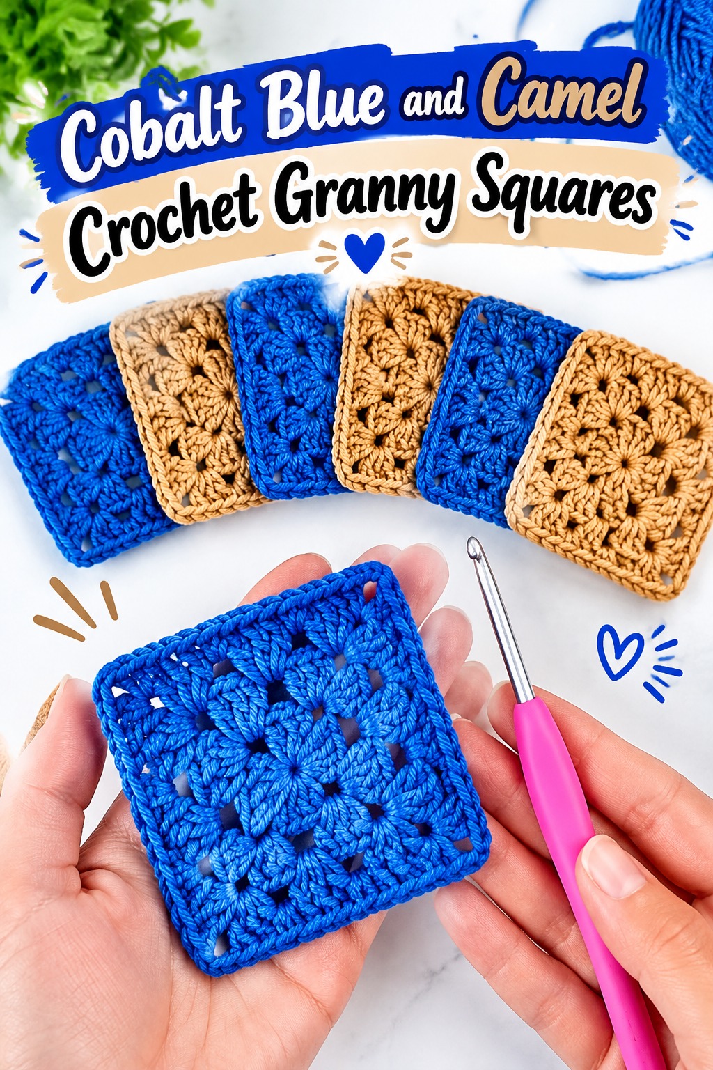 9. Cobalt Blue And Camel Crochet Granny Squares